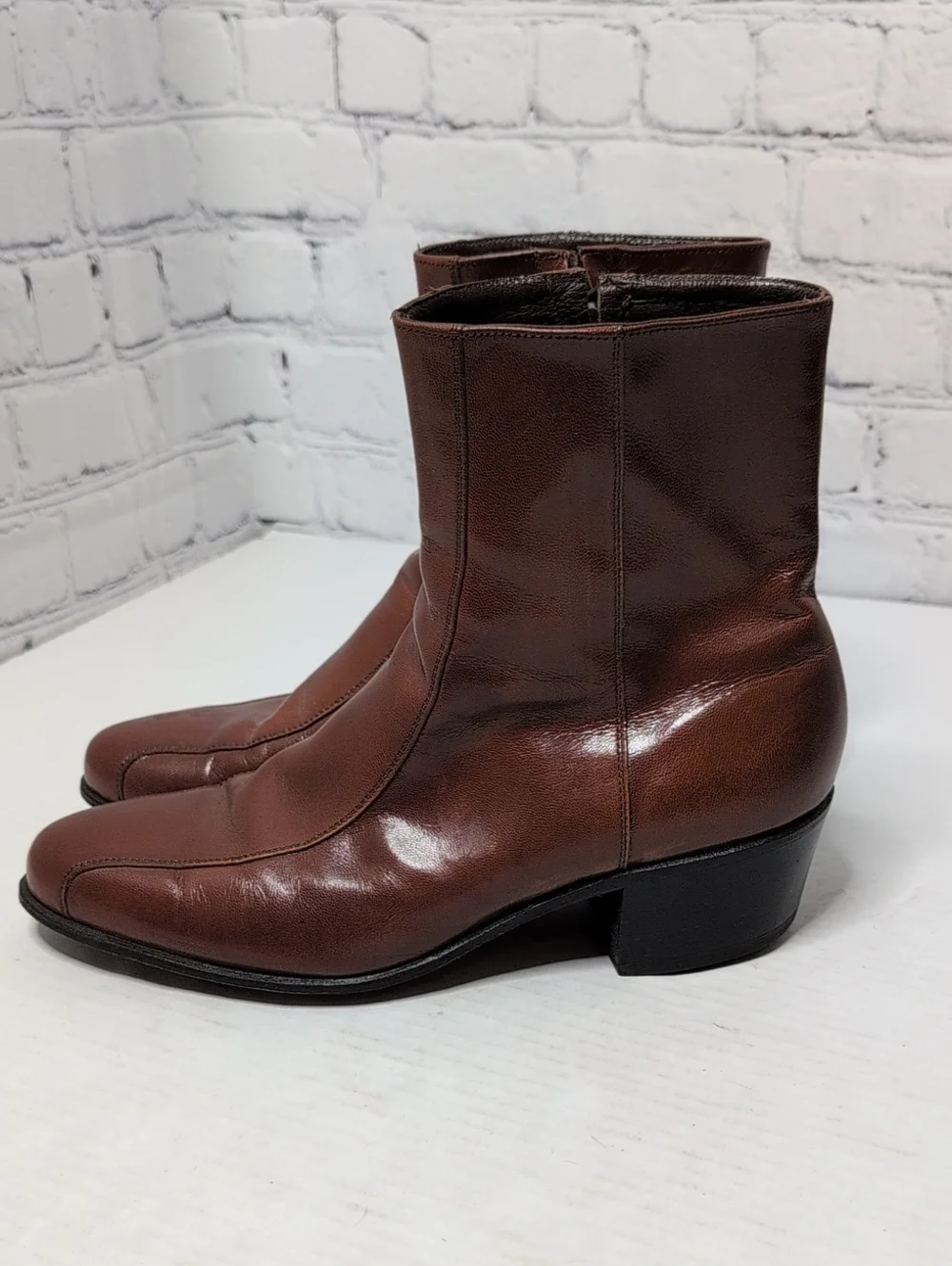 Florsheim Duke Leather Side Zip Bike Toe Ankle Boots Brown